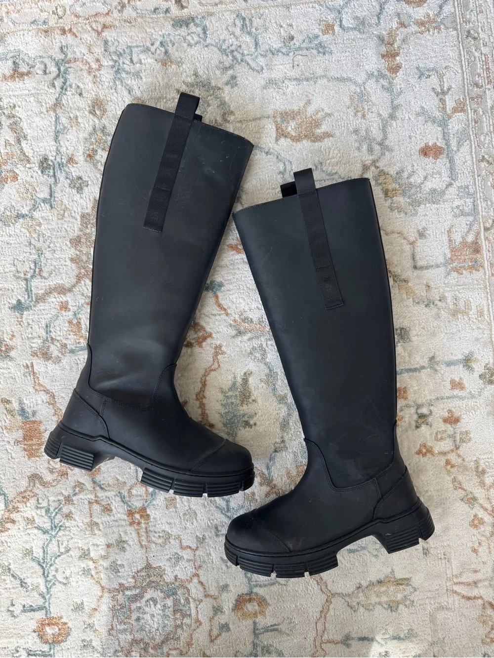 GANNI Fur Lined Rubber Knee High Black Boots 7